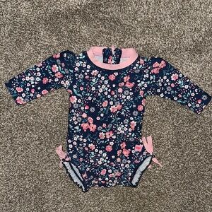 Ruffle Butts Navy and Pink Floral Kids Rashguard New